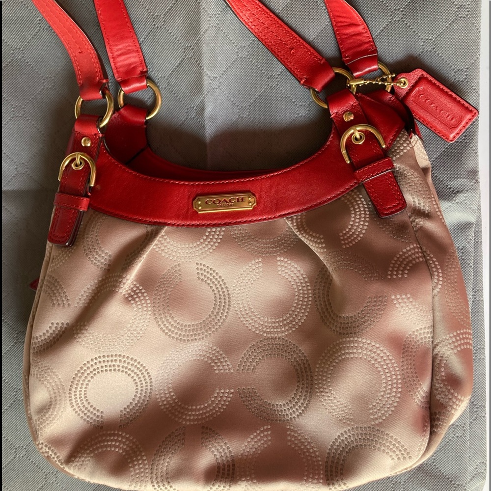 Tan and red leather Coach handbag